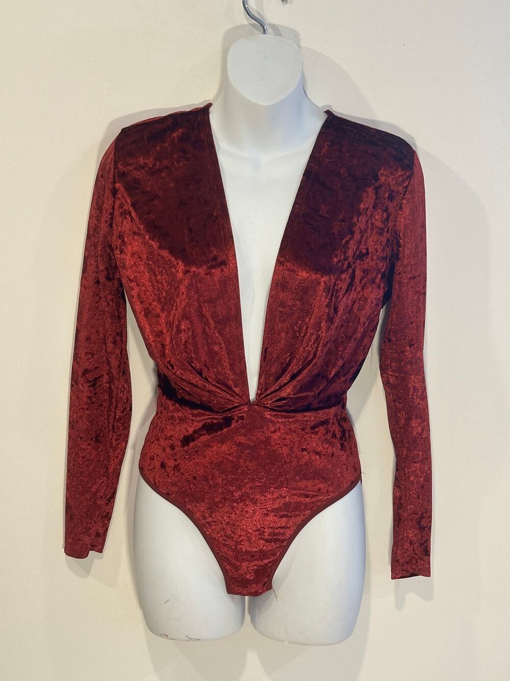 Vintage Fredericks of Hollywood Crushed Velvet Deep Plunge Bodysuit Wine Red Sm